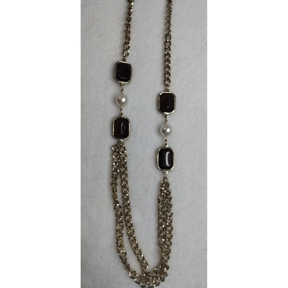 Gold Tone Long Layered Chain Necklace‎ Black Resin Faux Pearl Accents 44 Inch